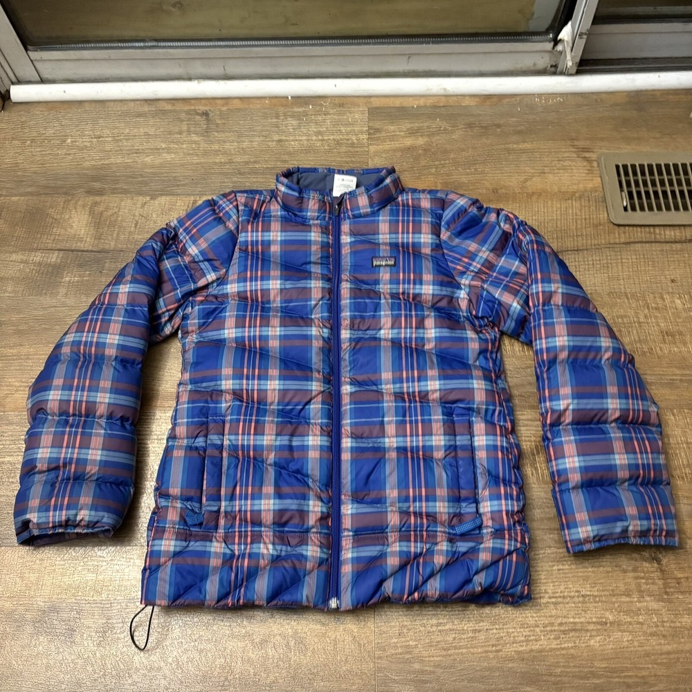 Patagonia Goose Down Jacket Girls Size XL (14) Plaid Blue Full Zip Winter 268265